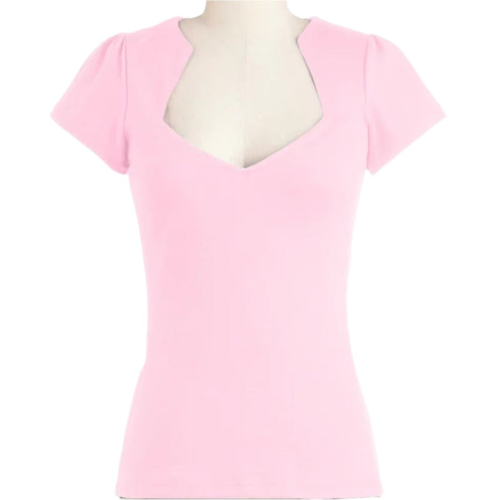 Bridget retro top in pink with short puff sleeves and a flattering V-neck design, perfect for any outfit.