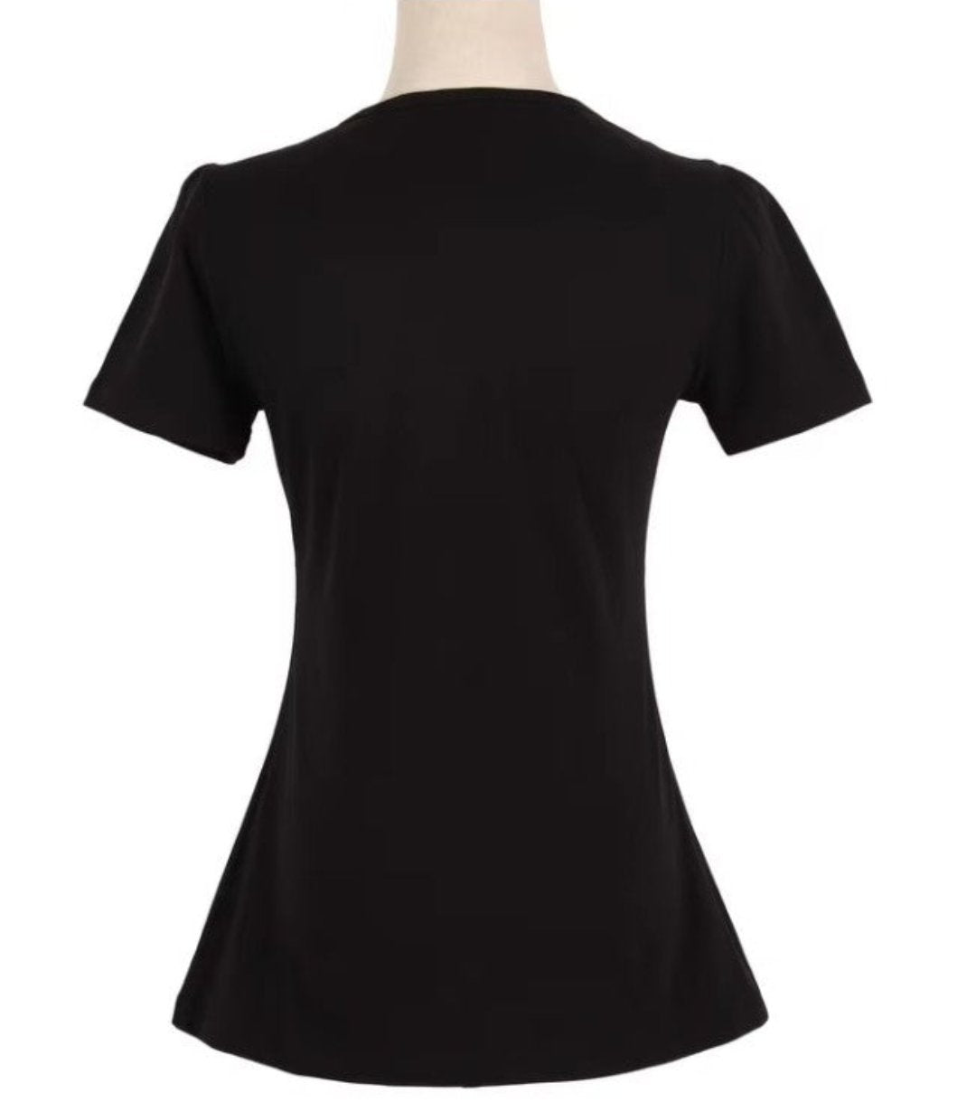 Back view of the Bridget retro top in black, showcasing its flattering fit and short sleeves. Perfect wardrobe staple.