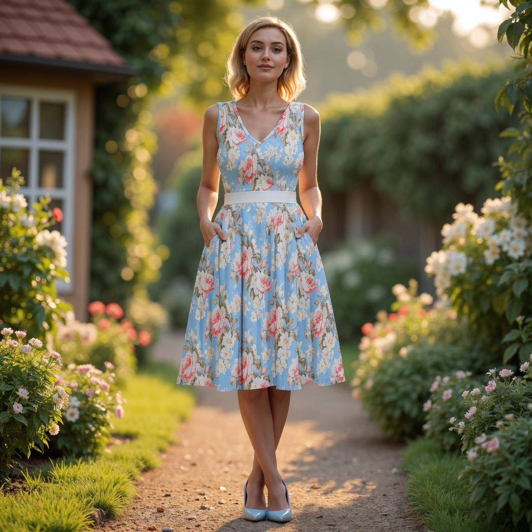 Model wearing a Vintage Roses V-Neck Skater Dress with Pockets in a floral blue print, standing in a lush garden.