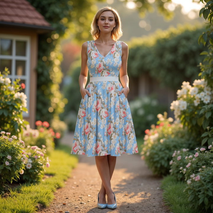 Model wearing a Vintage Roses V-Neck Skater Dress with Pockets in a floral blue print, standing in a lush garden.