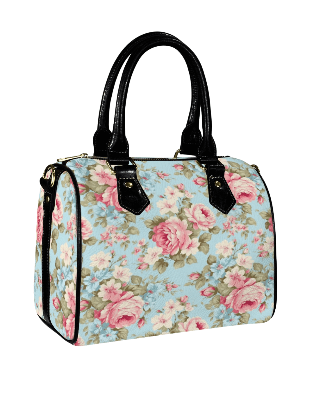 Vintage Roses handbag in pastel colors with black handles, showcasing a floral design for timeless elegance.