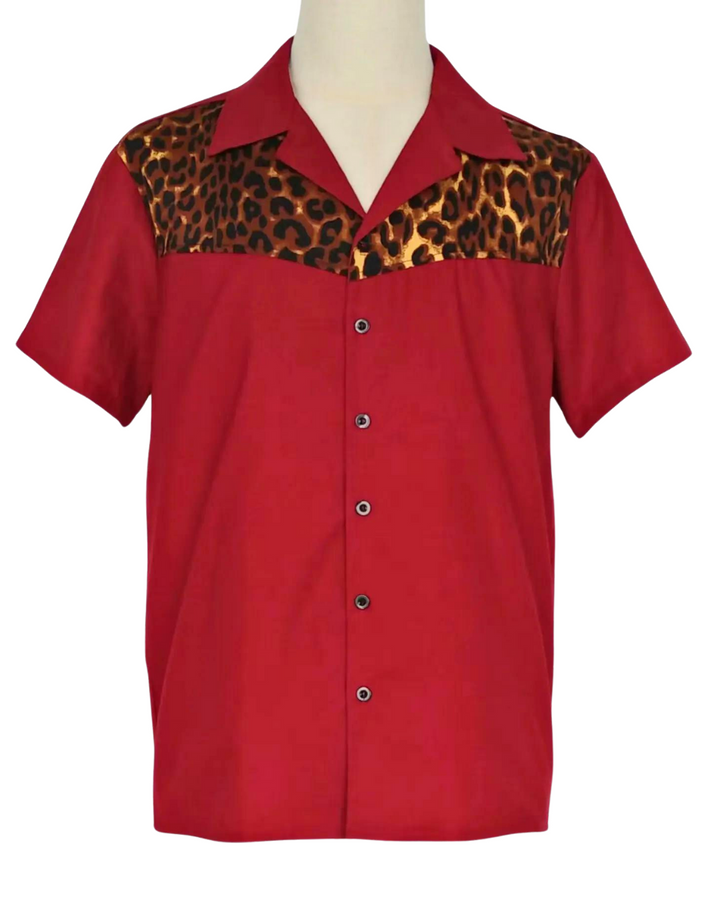 Mens Vintage Style Bowling Dress Shirt - Red Leopard - Poison Arrow Retro