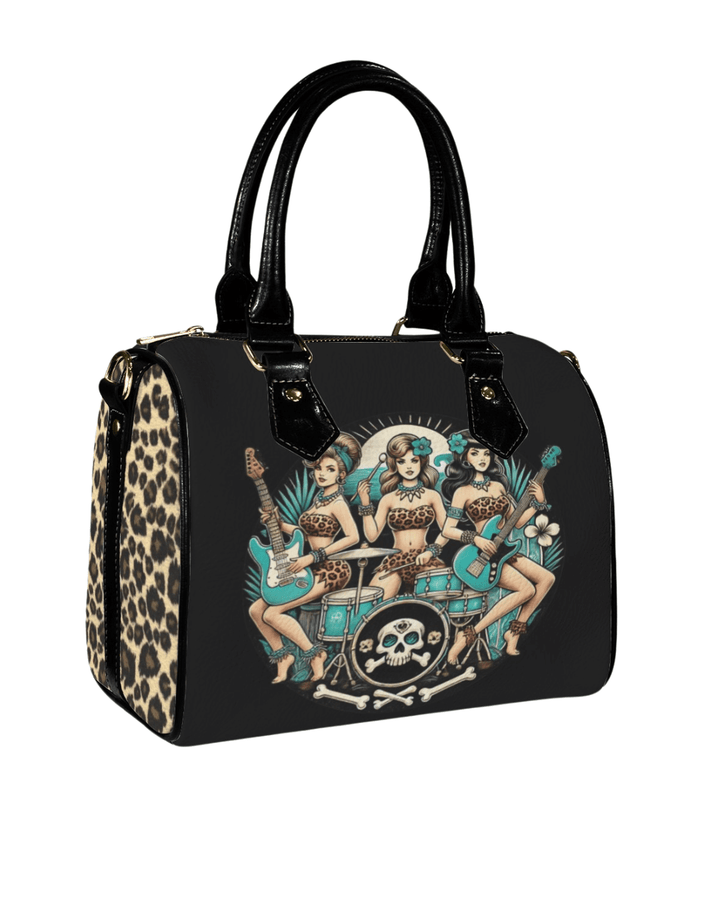 Retro handbag featuring tiki surfer girls with guitars, leopard print accents, perfect for music lovers and vintage style enthusiasts.