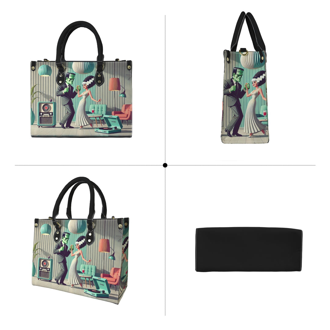 Ghouls A-Go-Go Retro Handbag featuring Frankenstein and his bride in vintage decor, perfect for Halloween and retro fashion lovers.