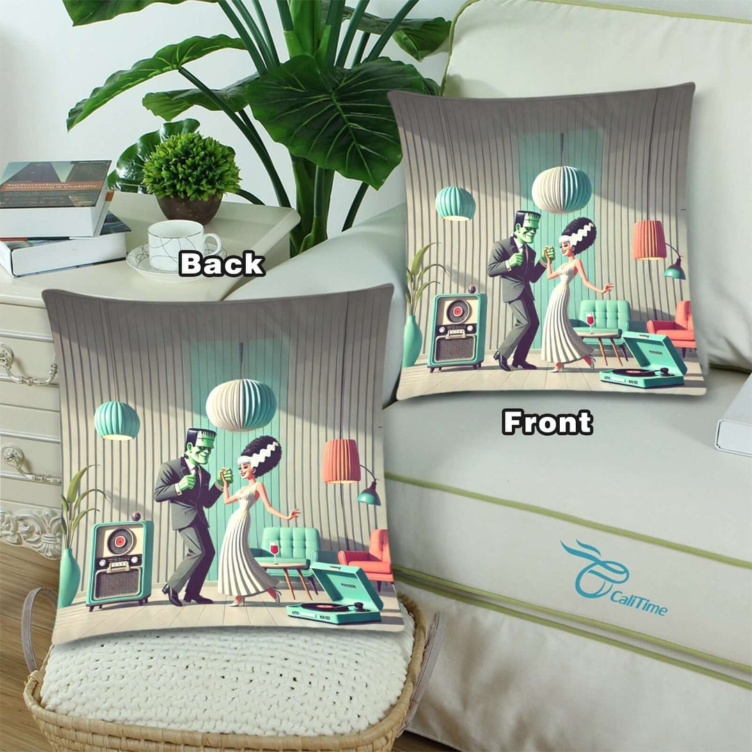 Ghouls A-Go-Go Throw Pillow Cover showcasing Frankenstein and his Bride dancing in a retro lounge, set of 2, 18"x 18".