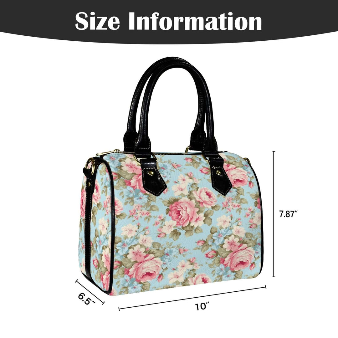 Vintage Roses Handbag size dimensions 10" length, 7.87" height, and 6.5" width on a blue floral background.