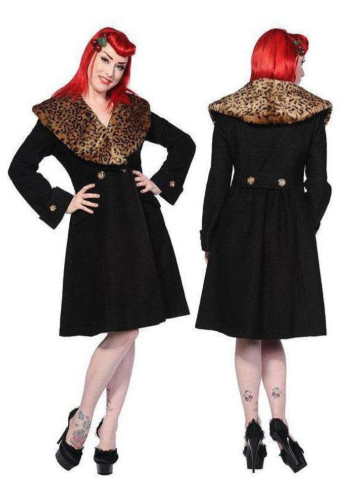 Banned UK Winter Coat Leopard Black - Poison Arrow Retro