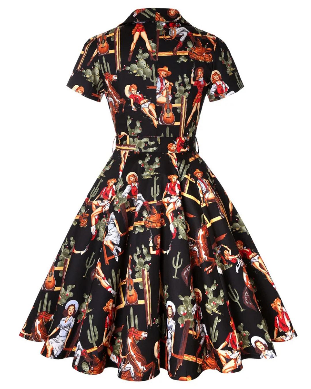 Black Western Cowgirl Swing Dress featuring a vintage Western print with cowgirls, guitars, and cacti. Perfect for pinup style.