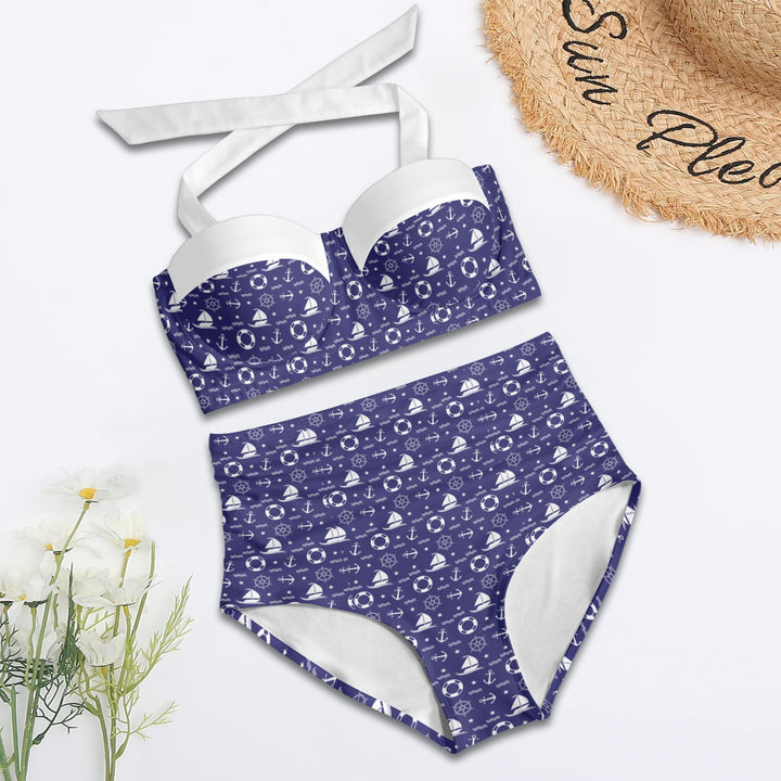 Nautical Retro High Waist Bikini in navy blue with a playful print, featuring a supportive underwire top and high-waisted bottom.