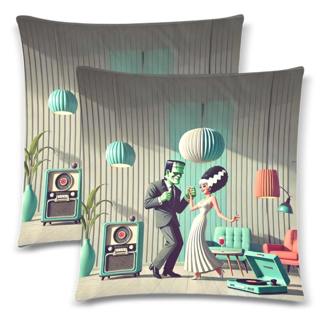 Ghouls A-Go-Go throw pillow covers featuring Frankenstein and his Bride dancing in a retro lounge with vintage décor. Set of 2.