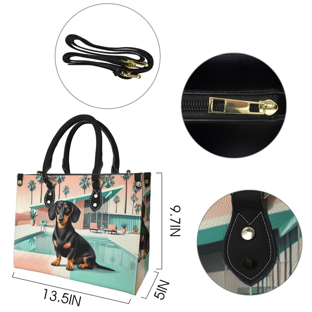 Palm Springs Dachshund Bag featuring black and tan dog design, spacious interior, and stylish retro-inspired look.