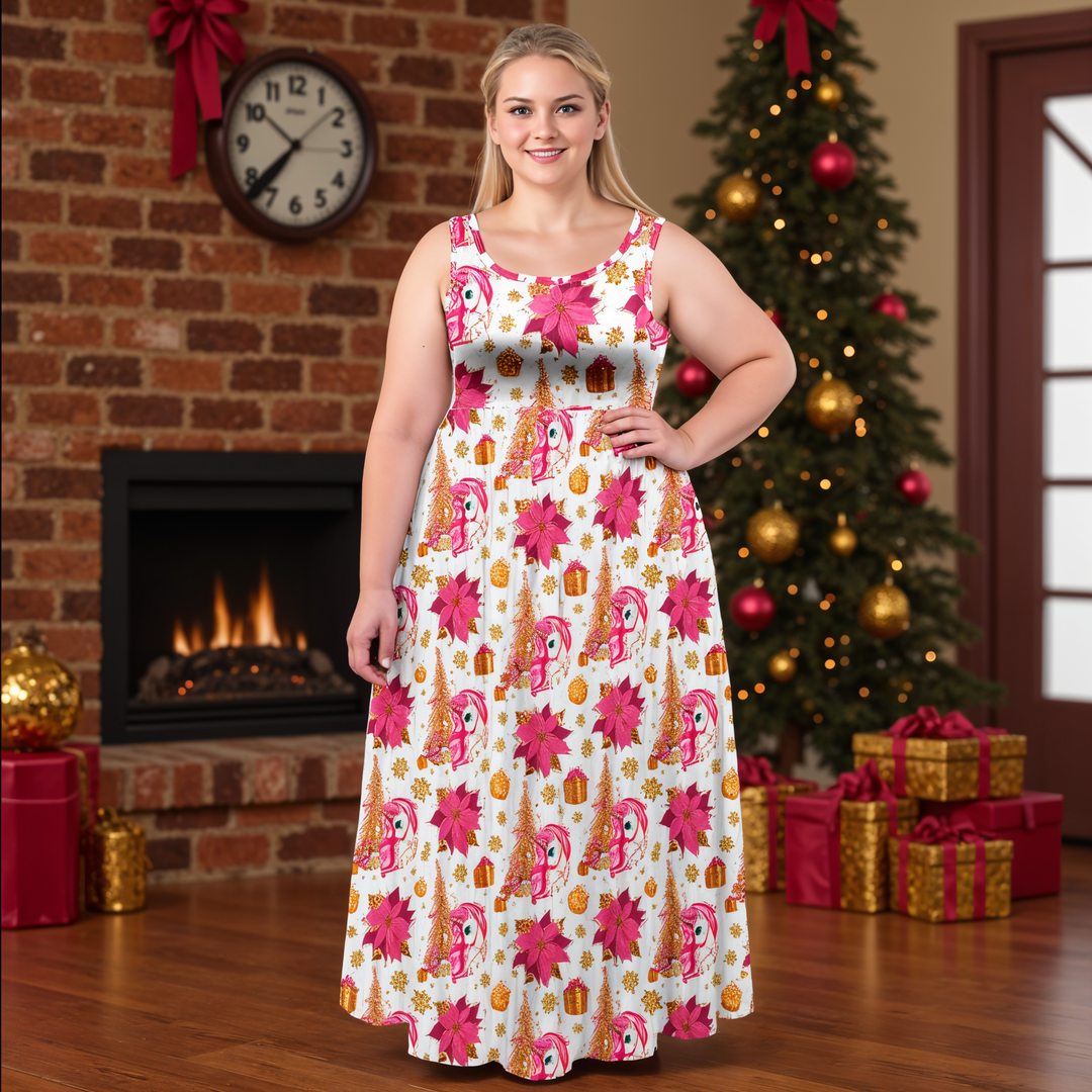 Woman in a Christmas Unicorn Maxi Dress with festive holiday decor in a cozy setting, featuring a playful unicorn and floral design.