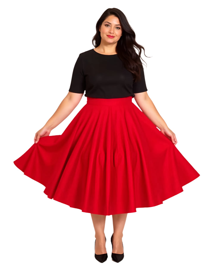 Red cotton full circle skirt front view