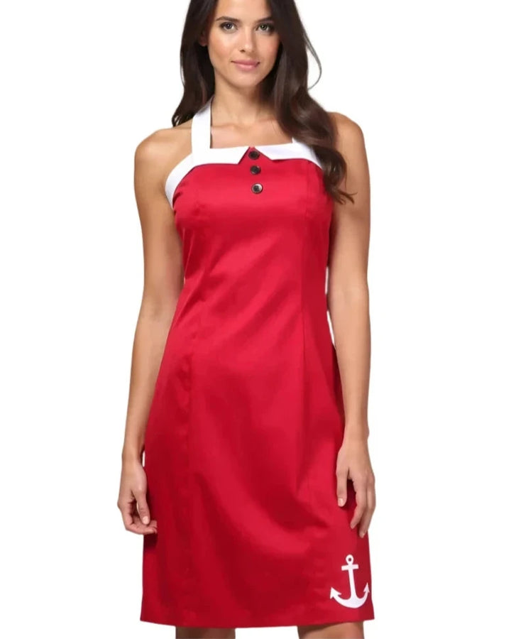 Bright red nautical pencil dress with white accents and anchor detail, perfect for stylish and confident summer looks.