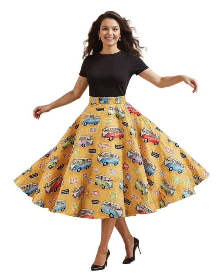 Woman in VW Kombi print full circle skirt with colorful vintage cars on a yellow background.