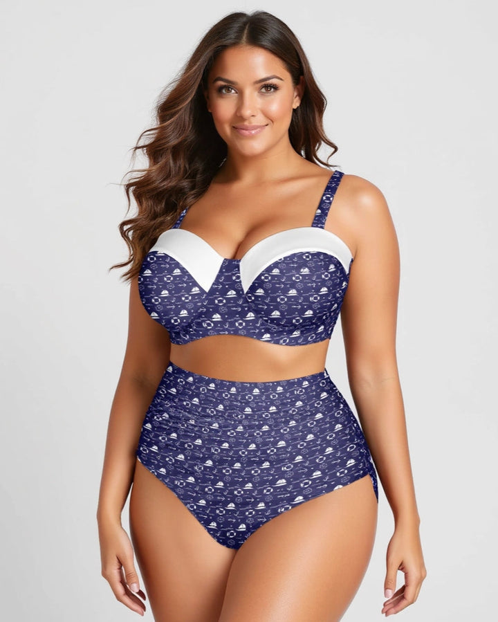 Nautical Retro High Waist Bikini in navy with underwire support, featuring a playful print and high-waisted design for a flattering fit.