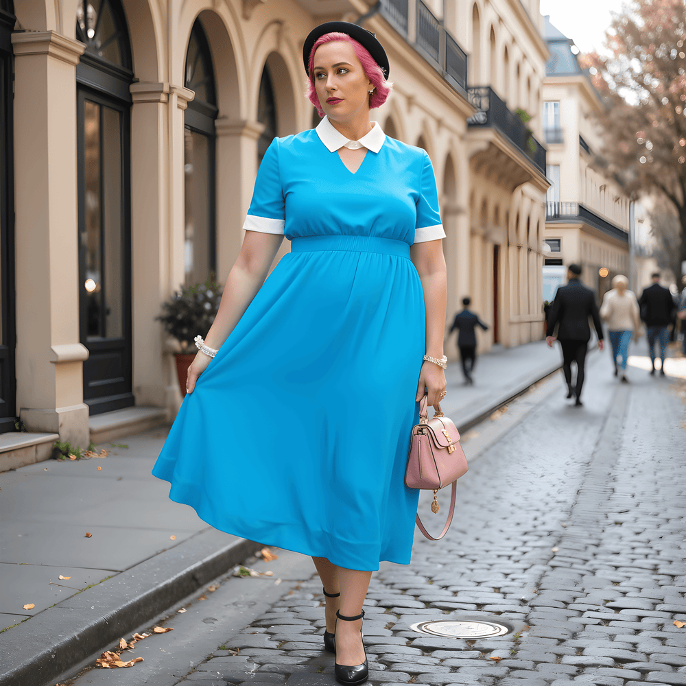 Woman in a sky blue 1940s vintage dress with keyhole neckline, walking on a quaint street.