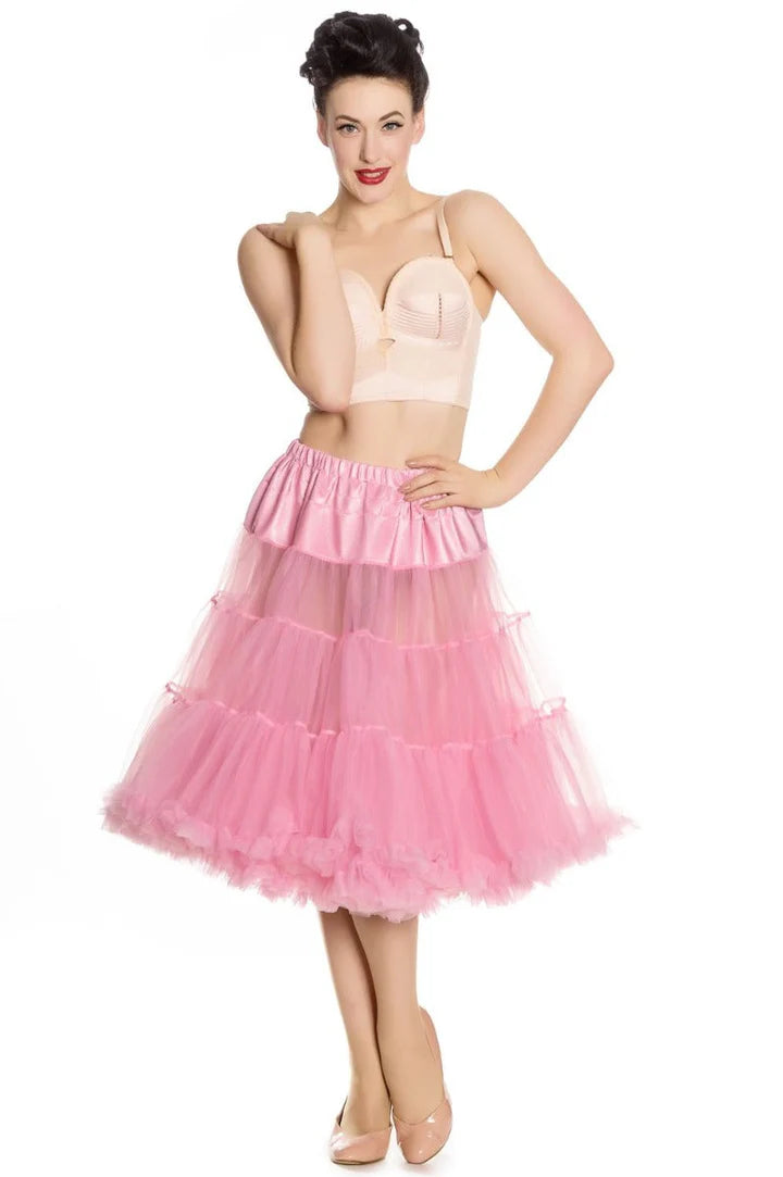 Plus size Hell Bunny long pink petticoat, perfect for vintage style outfits and 50s-inspired looks.