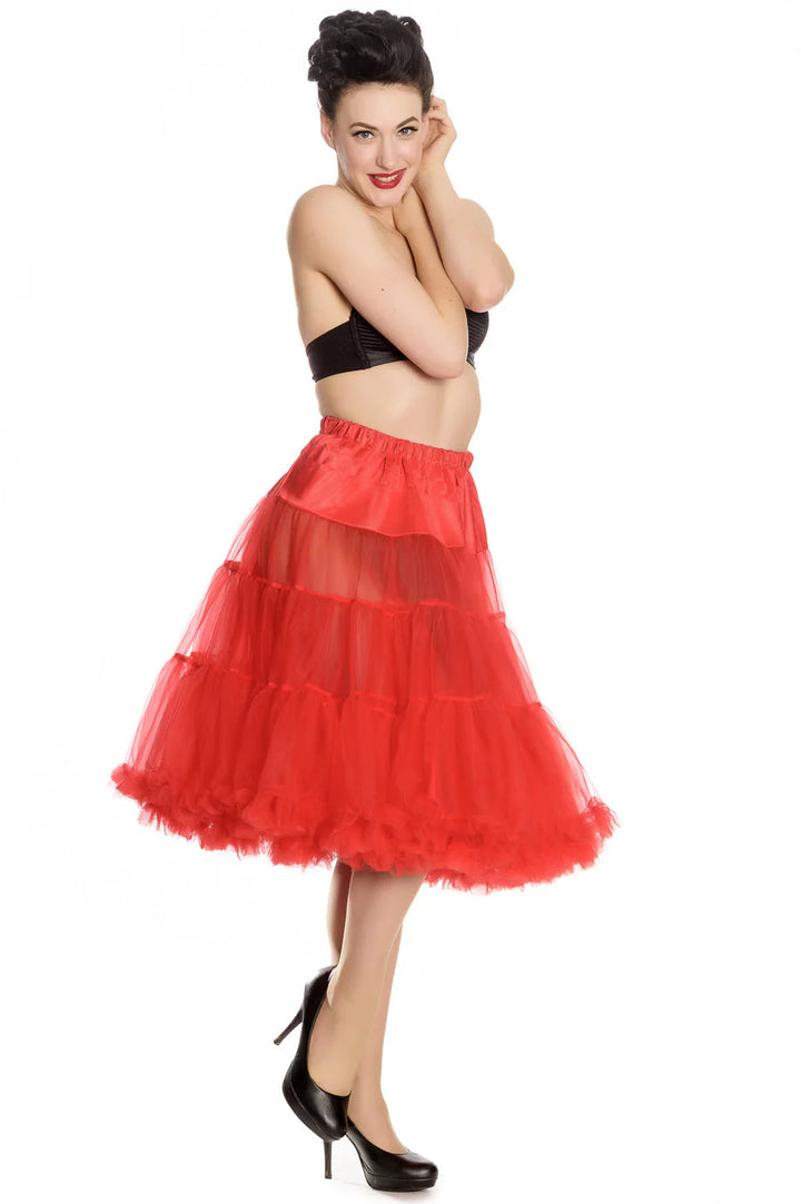 Plus size Hell Bunny long red petticoat with layers, styled for a vintage retro look, perfect for 50s-inspired outfits.