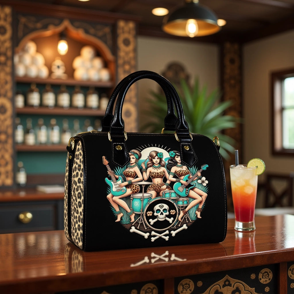 Retro Bone Shaker Babes handbag with tiki surfer girl band design on a bar counter.