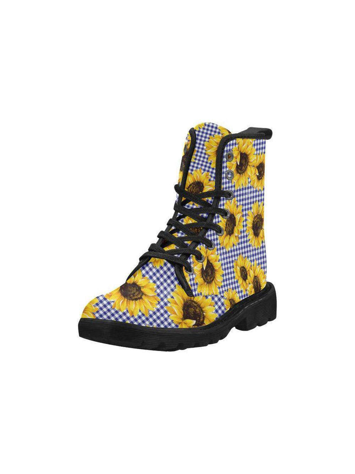 SUNFLOWERS GINGHAM Women's Lace Up Canvas Boots