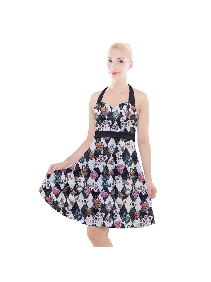 ALICE IN WONDERLAND HALTER PARTY SWING DRESS - Poison Arrow Retro