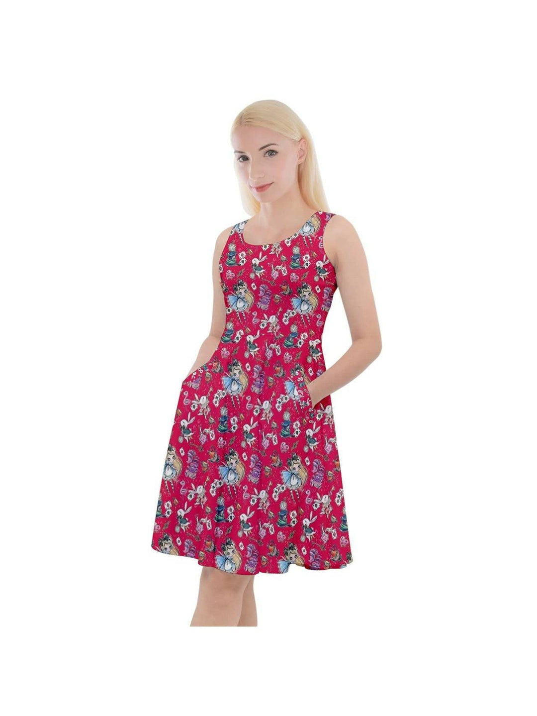 Alice in Wonderland Knee Length Skater Dress With Pockets