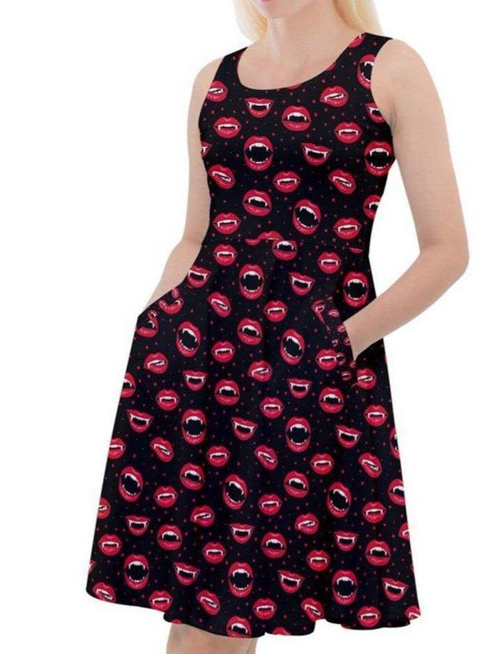 BITE ME! Knee Length Skater Dress With Pockets - Poison Arrow Retro