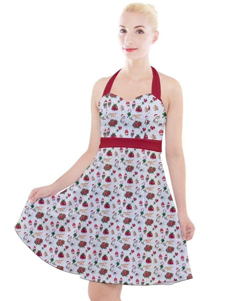 Christmas Cats Halter Party Swing Dress - Poison Arrow Retro