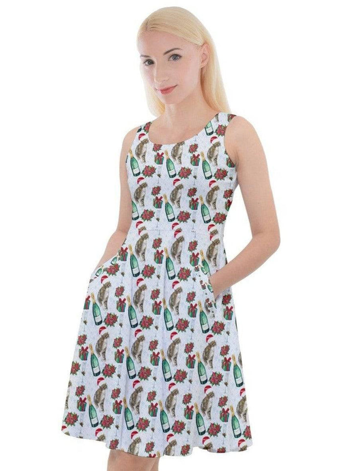 Christmas Cats Knee Length Skater Dress With Pockets