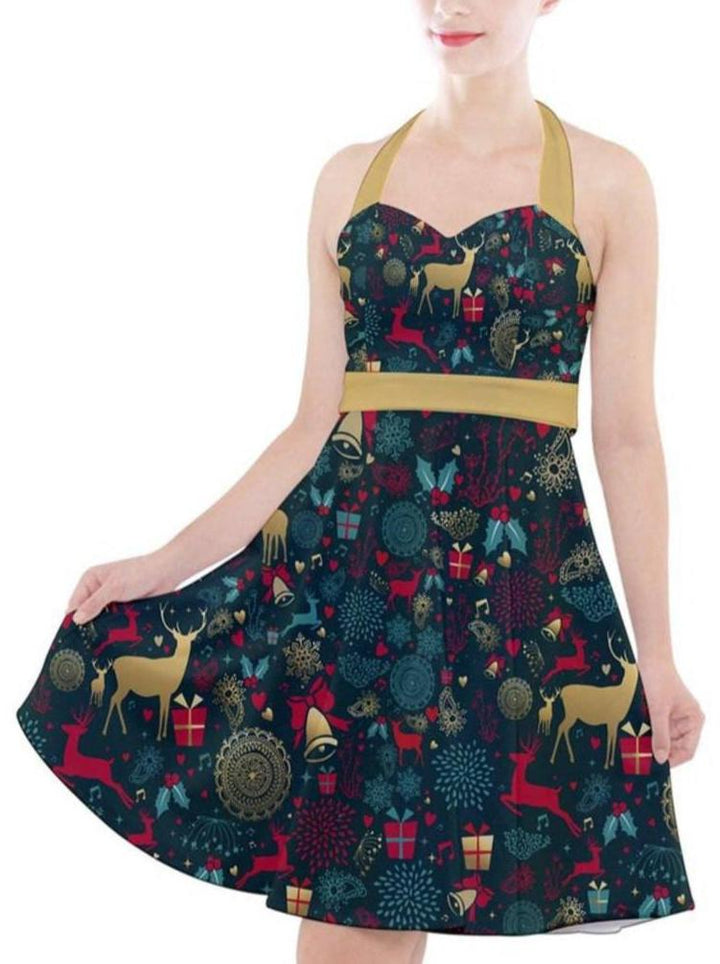 Christmas Reindeer Halter Party Swing Dress - Poison Arrow Retro