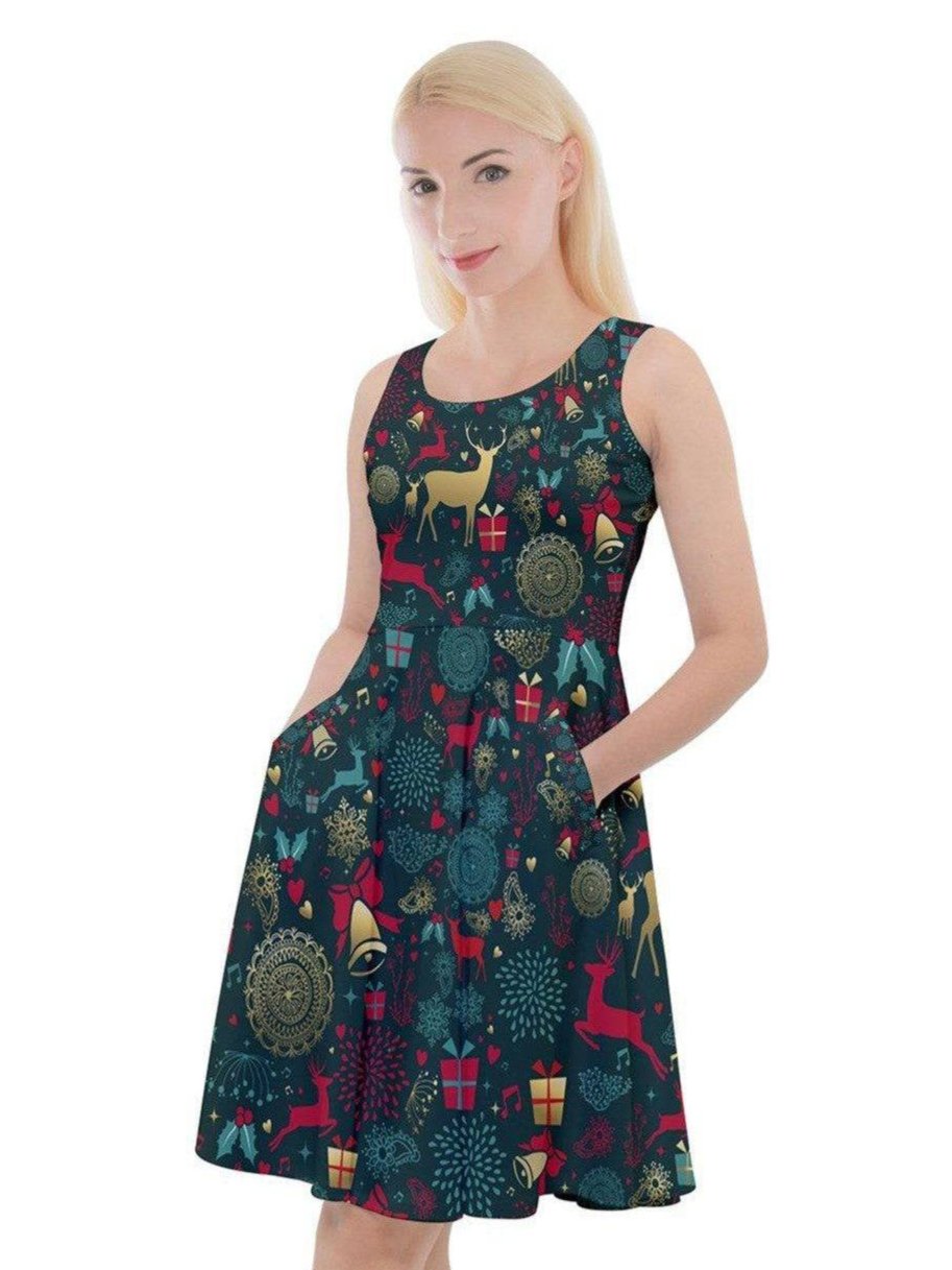 Christmas reindeer skater dress with pockets, knee-length, vibrant design, perfect for holiday celebrations.