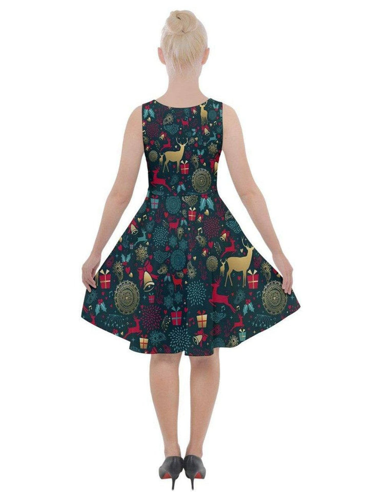 Back view of Christmas reindeer skater dress with pockets, featuring festive print and flattering fit and flare design.