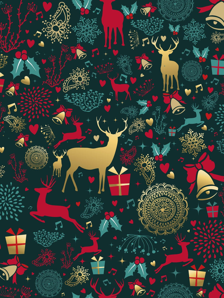 Christmas-themed pattern featuring reindeer, gifts, and festive decorations in red, gold, and teal colors.