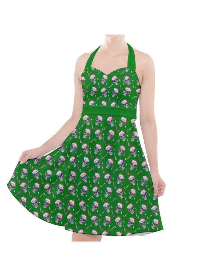 CHRISTMAS SKULLS HALTER PARTY SWING DRESS XS-3XL - Poison Arrow Retro