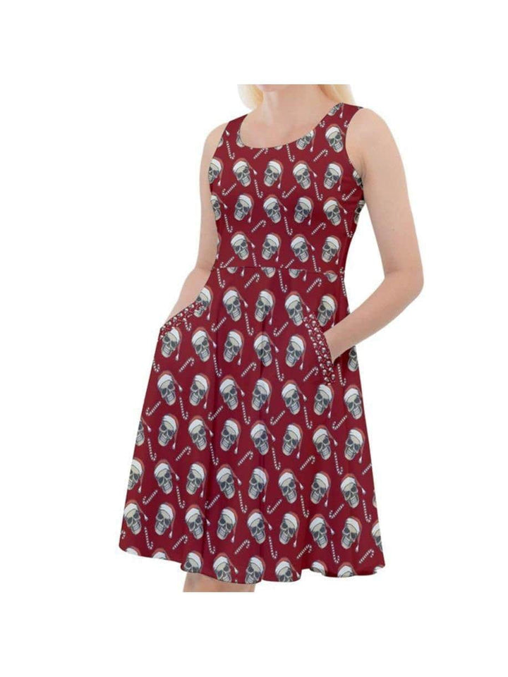 CHRISTMAS SKULLS KNEE LENGTH SKATER CHRISTMAS DRESS WITH POCKETS - Poison Arrow Retro