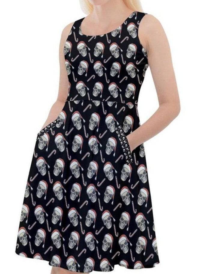 CHRISTMAS SKULLS KNEE LENGTH SKATER CHRISTMAS DRESS WITH POCKETS - Poison Arrow Retro