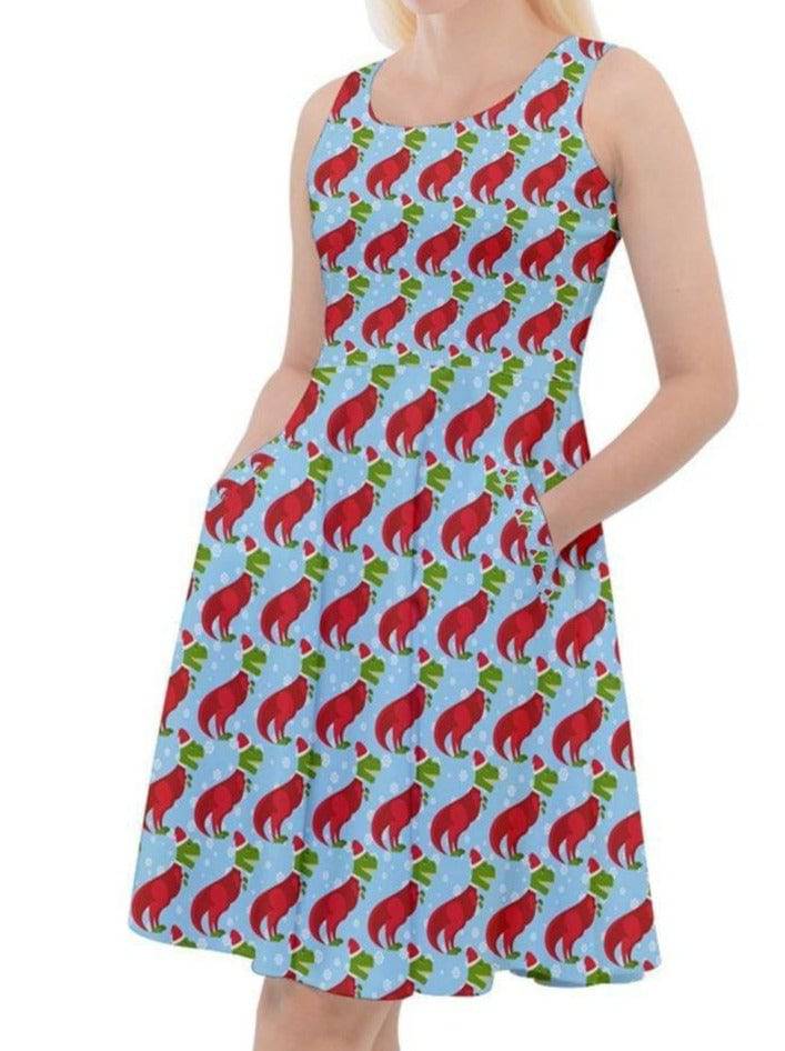 Christmas T-Rex Knee Length Skater Christmas Dress With Pockets