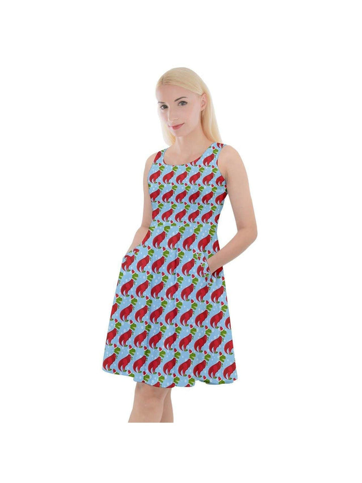 Christmas T-Rex Knee Length Skater Christmas Dress With Pockets - Poison Arrow Retro