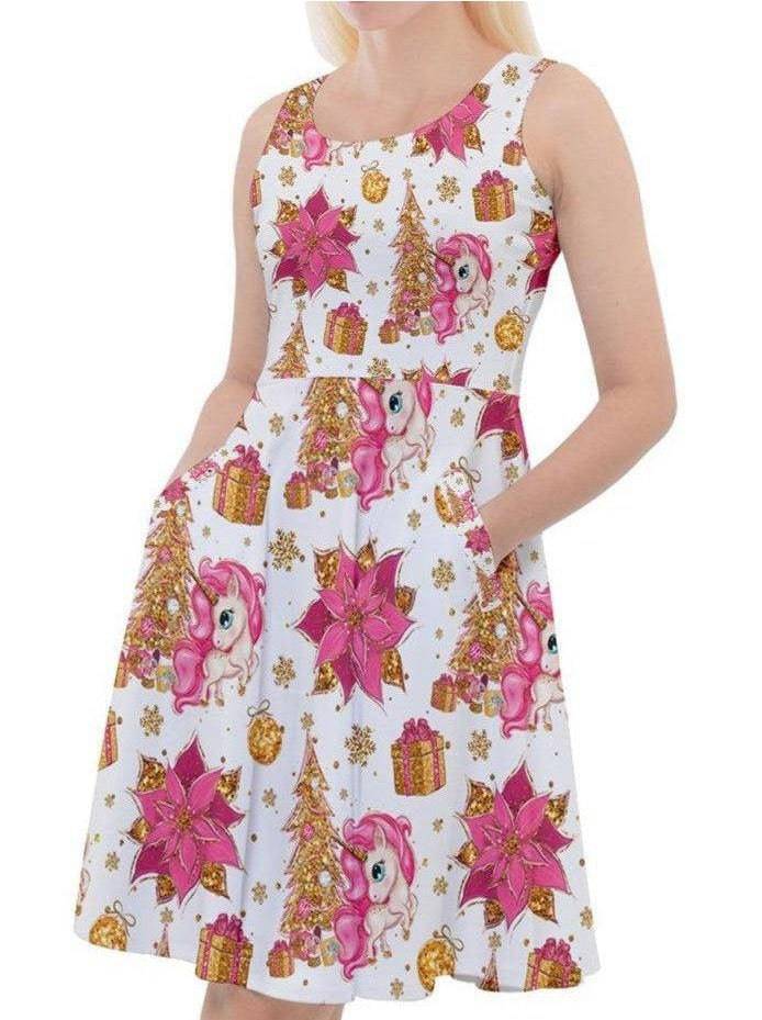 CHRISTMAS UNICORNS Knee Length Skater Dress With Pockets