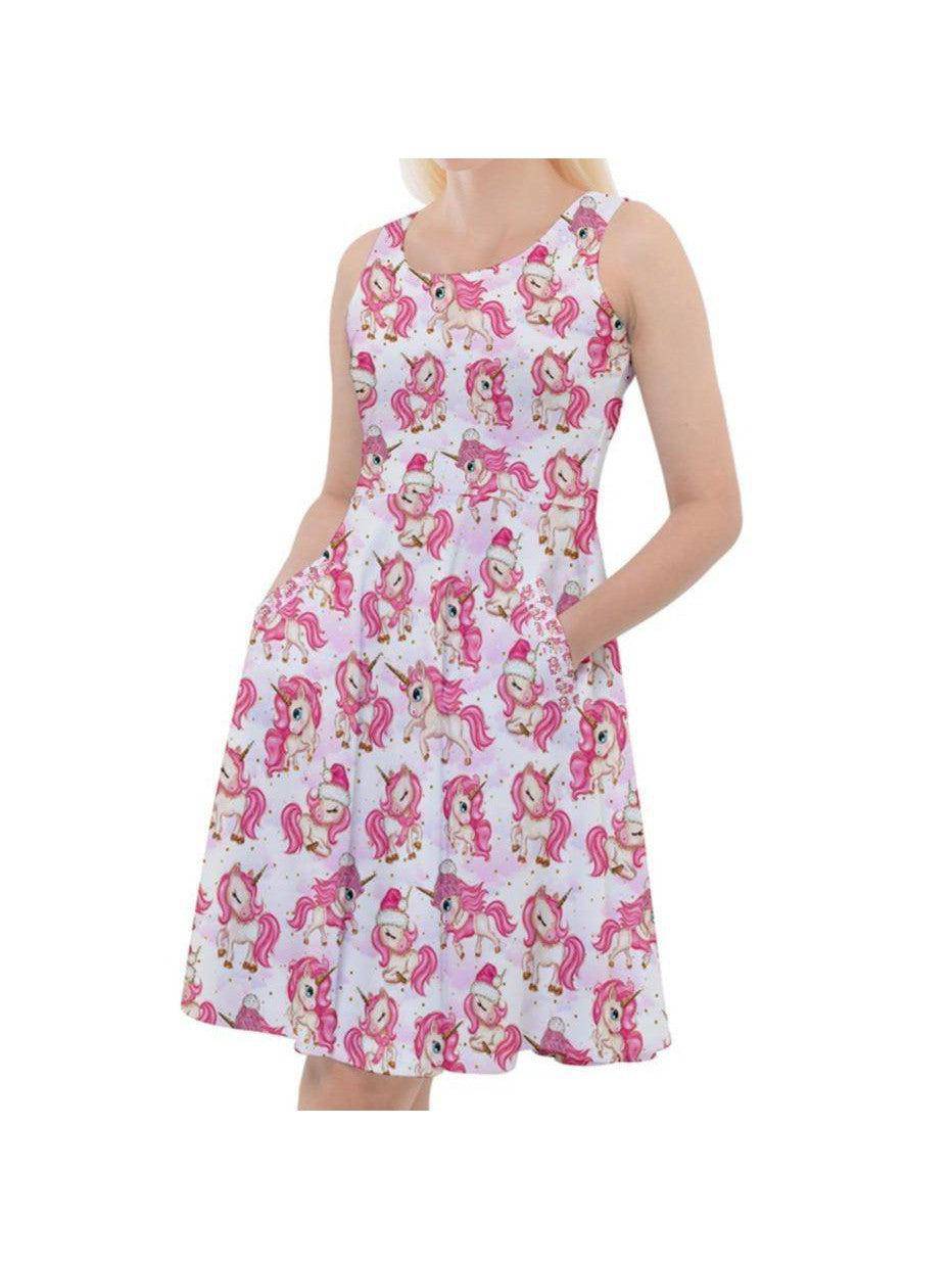 CHRISTMAS UNICORNS Knee Length Skater Dress With Pockets - Poison Arrow Retro