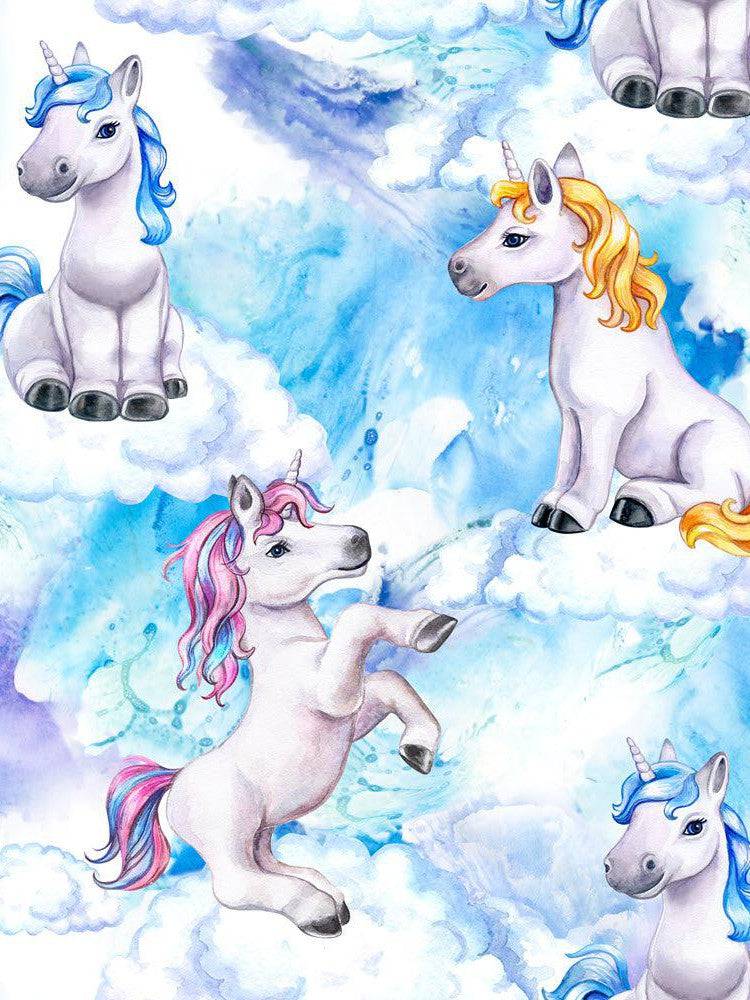 Colorful watercolor unicorns on a dreamy cloud background, perfect for a whimsical fashion piece.