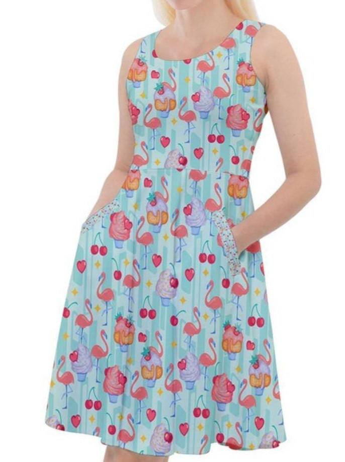 Flamingo Cupcakes Knee Length Skater Dress With Pockets