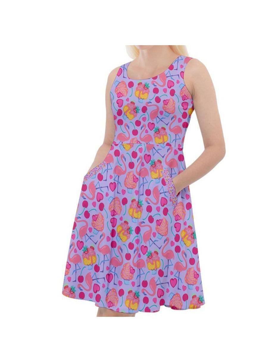 Flamingo Cupcakes Knee Length Skater Dress With Pockets