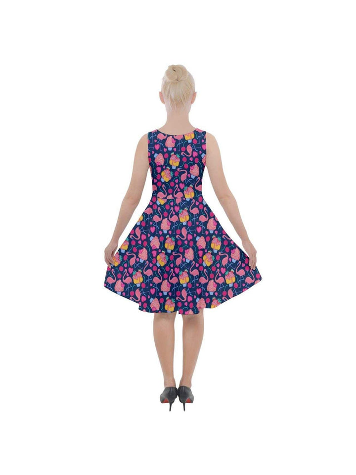 Flamingo Cupcakes Knee Length Skater Dress With Pockets - Poison Arrow Retro