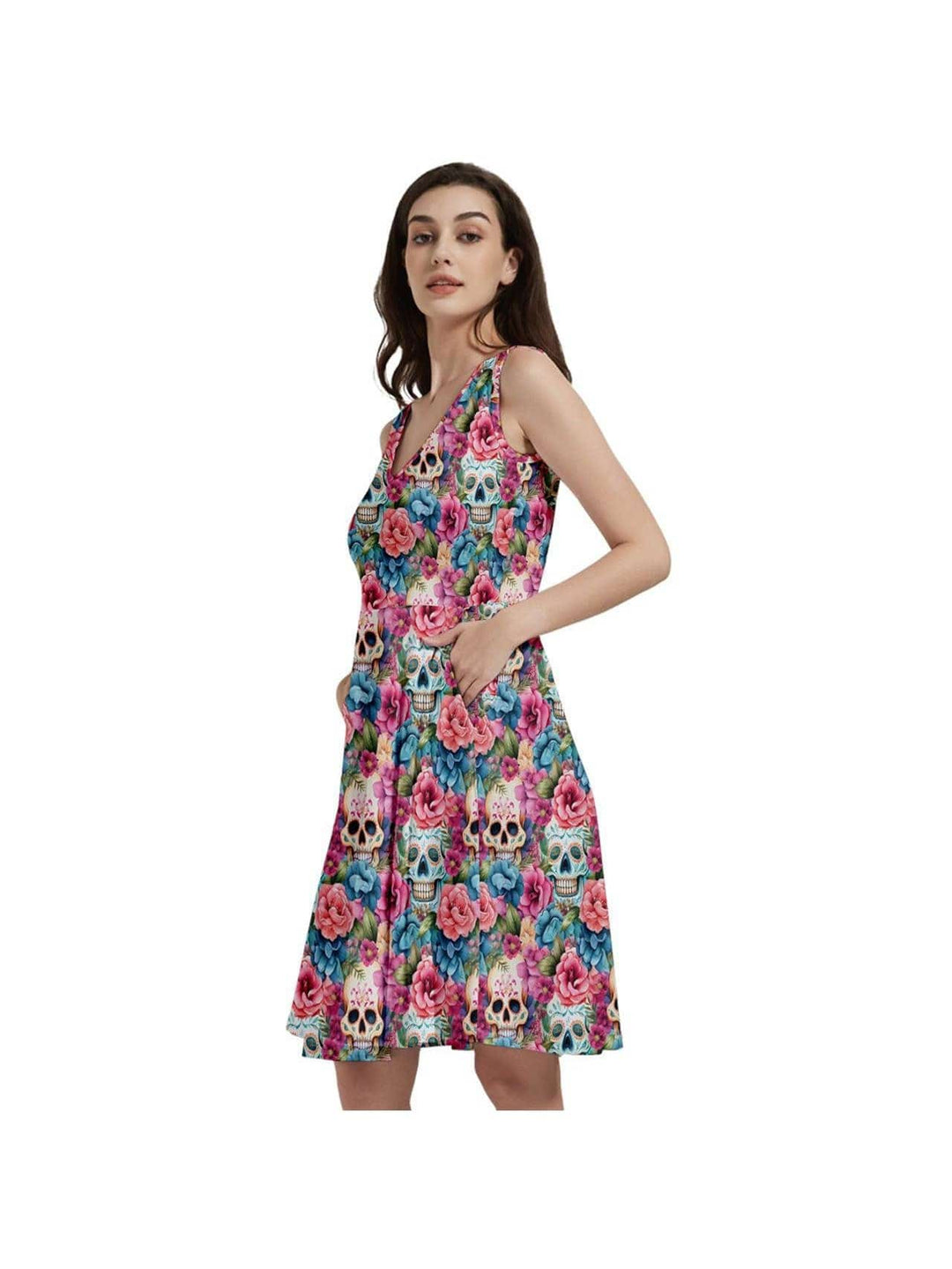 Floral Sugar Skulls Sleeveless V-Neck Skater Dress with Pockets