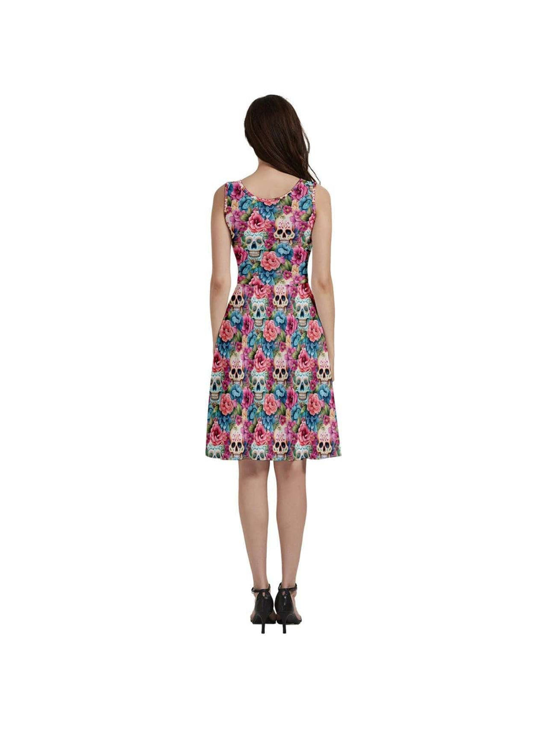 Floral Sugar Skulls Sleeveless V-Neck Skater Dress with Pockets