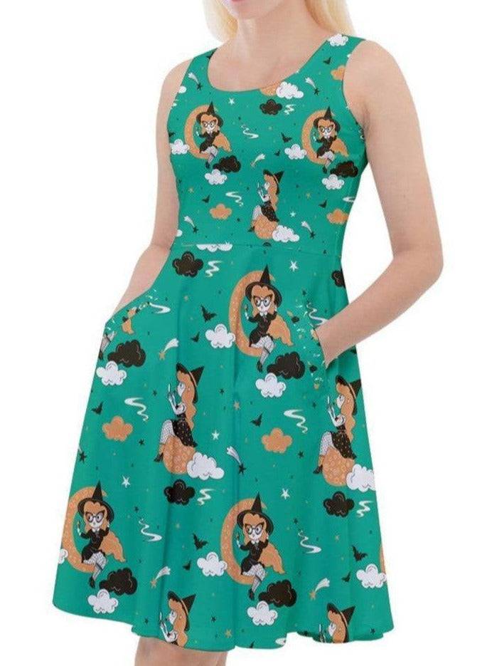 PIN UP WITCH GREEN Knee Length Skater Dress With Pockets - Poison Arrow Retro