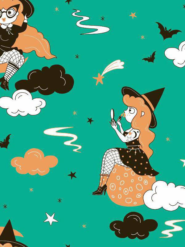 Playful witch illustrations on a vibrant teal background with clouds, bats, and stars.