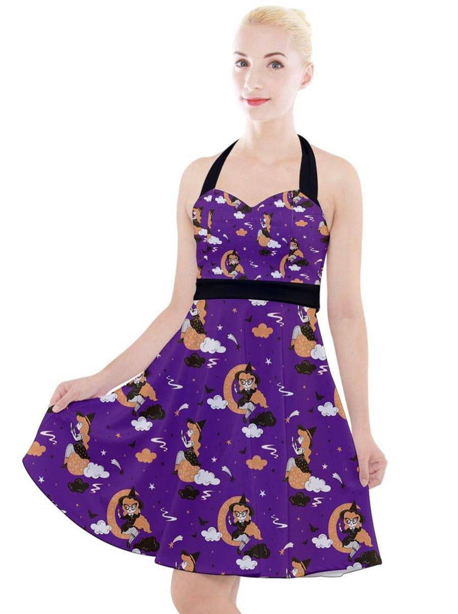 PURPLE PIN UP WITCH Halter Party Swing Dress - Poison Arrow Retro